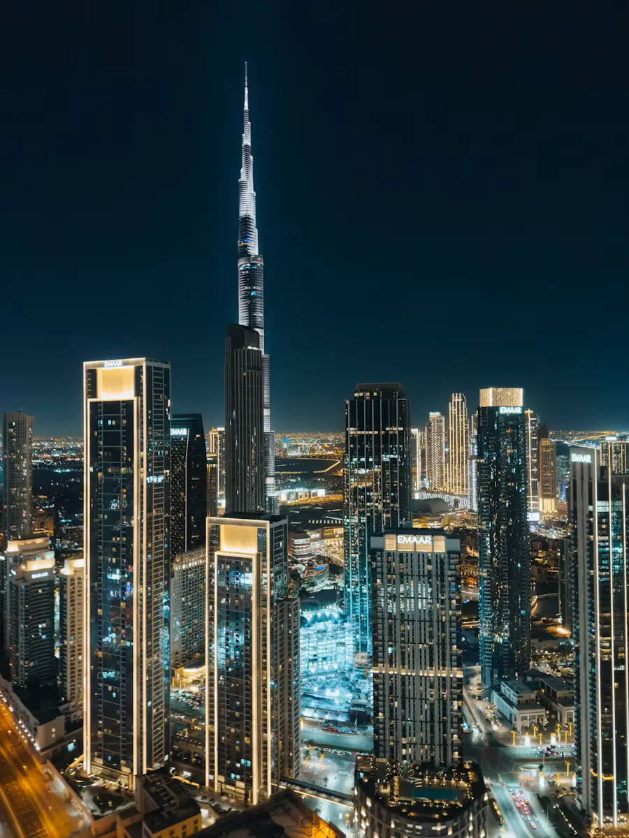 Dubai architecture seen from below at dusk
